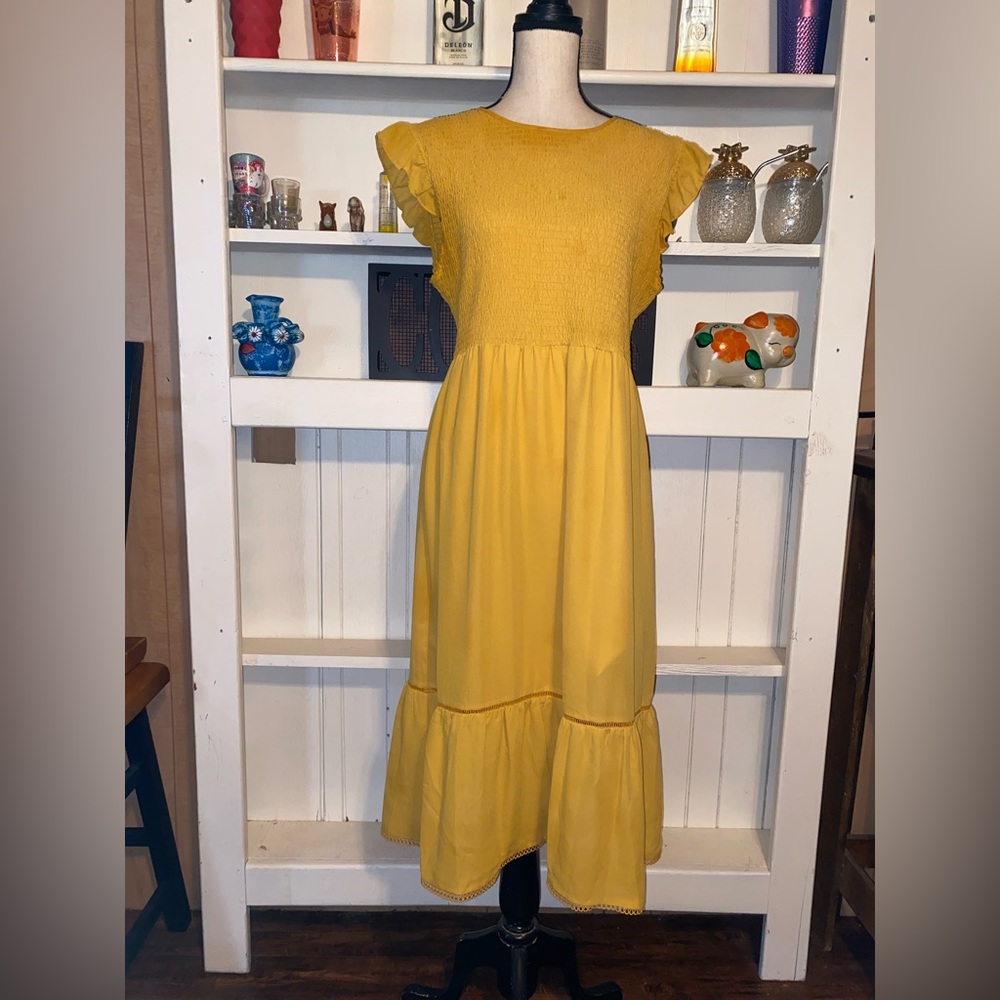 Nanette Lepore‎ Yellow Smocked Midi Dress Size 14